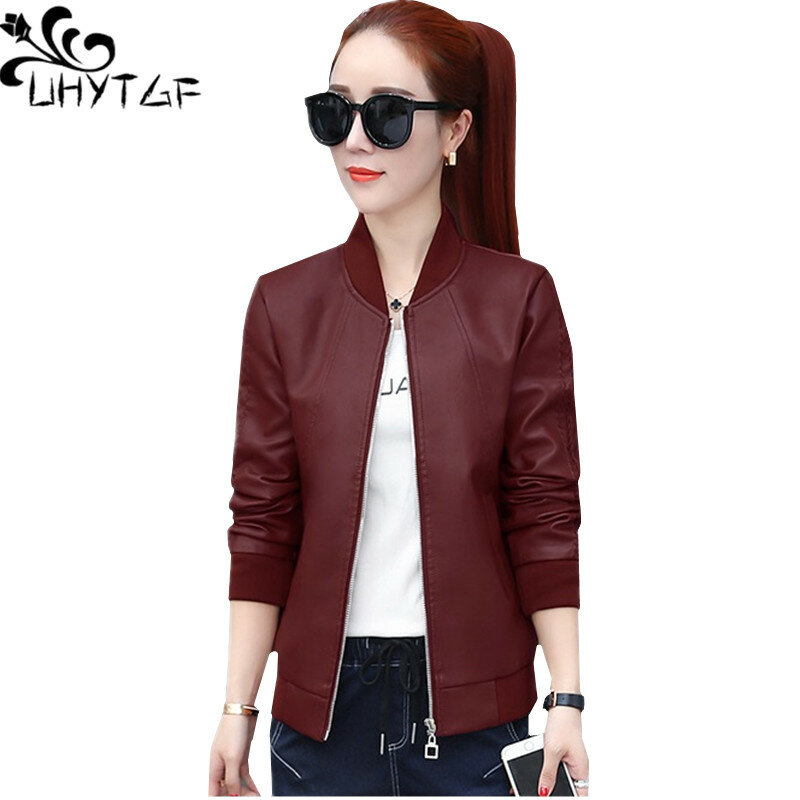 UHYTGF New Oversized Leather Jacket Woman Short Outerwear Long Sleeve Autumn Leather Jacket Female 4XL Large Size Tops Coat 930