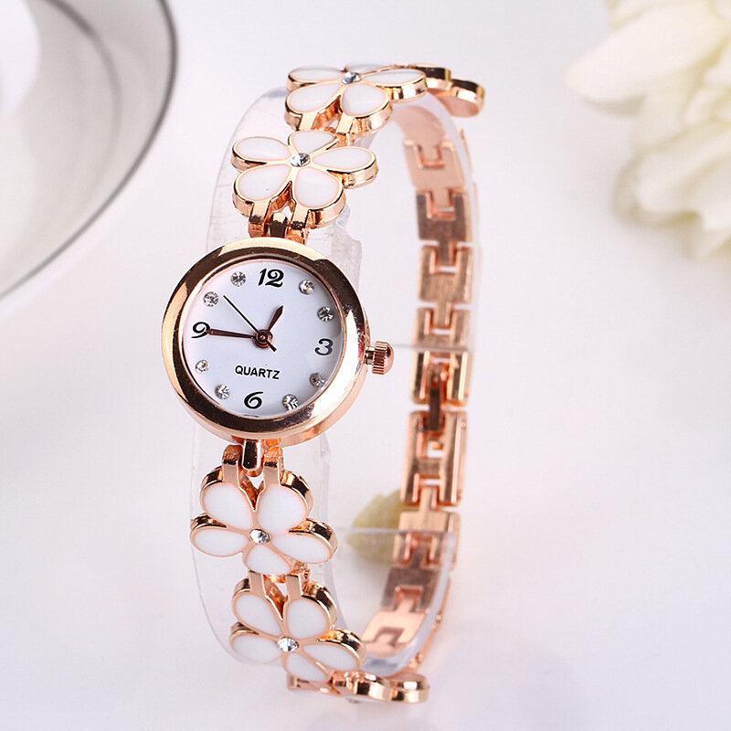 새로운 패션 꽃 여성 시계, 석영 아날로그 핑크 크리스탈 팔찌 손목 시계, 숙녀 드레스 손목 시계, 여성 시계