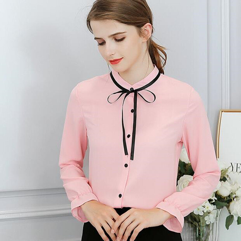 Nowy koreański moda damska koszula panie biurowe wiosna lato jednolity kolor Bowknot bluzka z długim rękawem kobiet rozrywka Top H9122