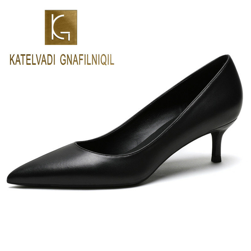 KATELVADI أحذية النساء مضخات 5 سنتيمتر منتصف الكعوب انقسام الجلود السوداء امرأة أحذية مثير وأشار اصبع القدم الزفاف حزب أحذية K-363