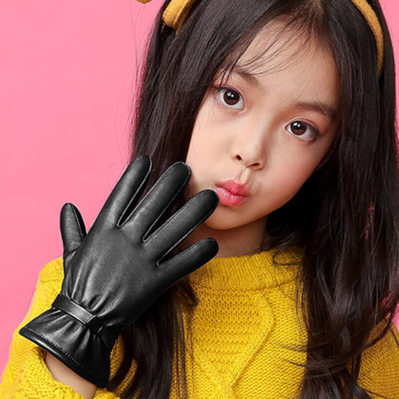 Oryginalne skórzane rękawiczki pięć palców dla dzieci rękawiczki zimowe ciepłe aksamitne pokryte dla dzieci rękawice z owczej skóry dla dziewczynek NW103-5