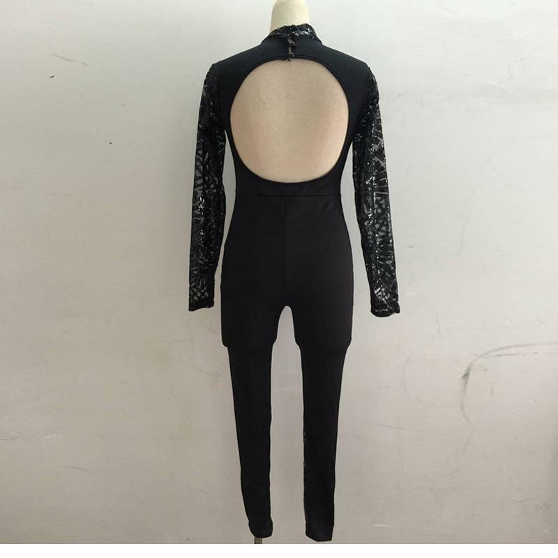 Sexy Roupa Feminina Womens Backless Geometrische Sequin Bodycon Jumpsuit Zwart Lange Mouwen Night Club Wear Romper W126803