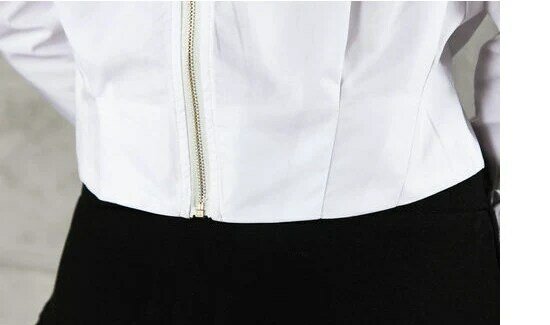 De volta Zipper Topos Das Culturas de Algodão Moda Feminina Novo Em Plissado Franzir O-pescoço Cintura Alta Camisas Das Mulheres Do Vintage Curto Blusa Branca