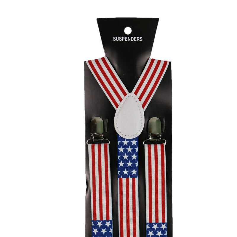Winfox 2.5cm wide USA America Flag Pattern Suspender Unisex Clip-on Braces Elastic Slim Suspender Y-Back Braces