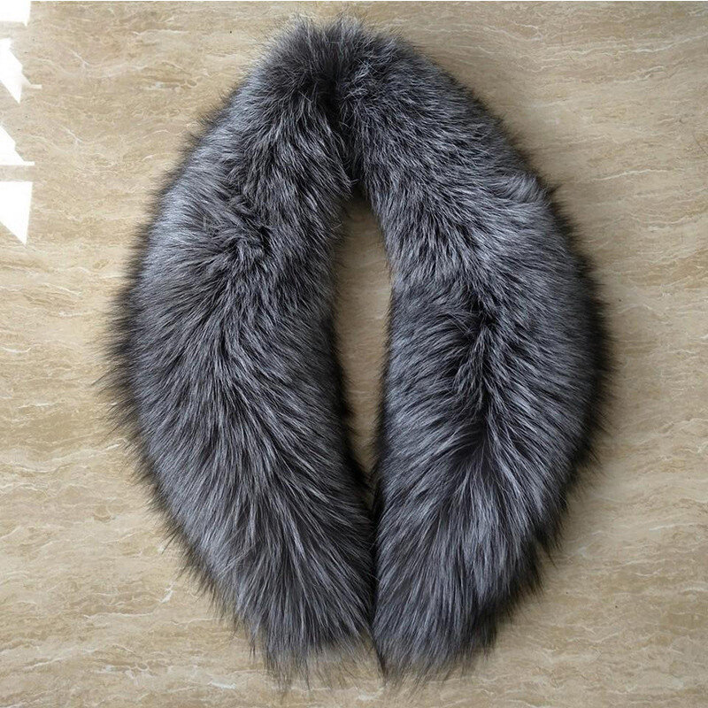 Fox fur ผ้าพันคอผ้าคลุมไหล่ขนสัตว์ hooded collar ของขวัญสีเทา silver fox fur จริงปลอกคอขนสัตว์ 80 ซม.L20