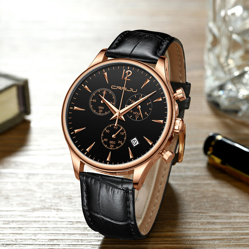 2019 New CRRJU Casual Leather Belt Fashion Quartz Black Watch Mens Watches Top Brand Luxury Waterproof Clock Relogio Masculino