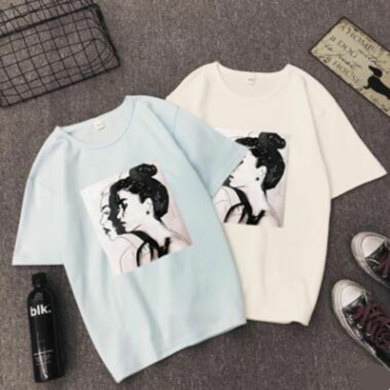 울산 티셔츠 여성 봄 여름 소녀 프린트 반소매 티셔츠 루스 여성 탑 슬림 피트 소프트 레이디 티셔츠