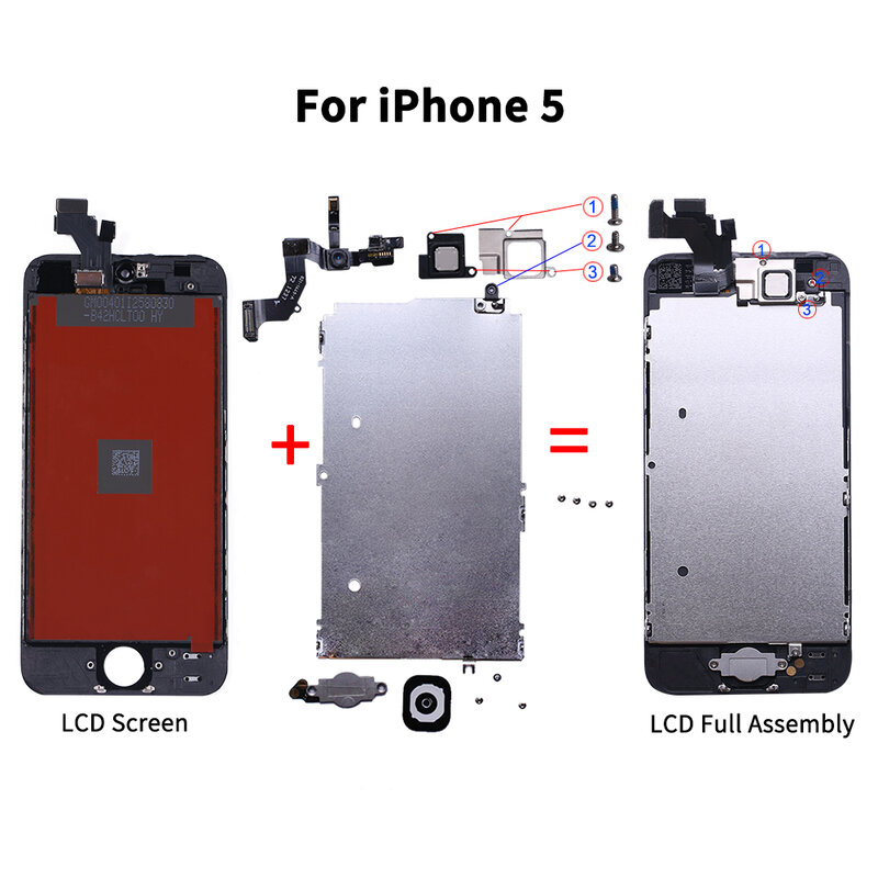 Numériseur d'écran tactile LCD pour iPhone, remplacement de l'affichage, caméra avant, haut-parleur d'oreille, assemblage complet, 5, 5C, 5S, SE, 6, 7, 8 Plus, 6S