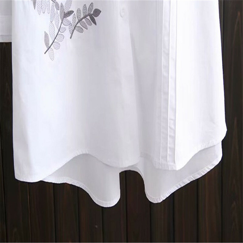 Chemisier blanc à manches longues pour femmes, chemises longues brodées, coton mince, style coréen, grande taille, nouveau, printemps, XL, 4XL