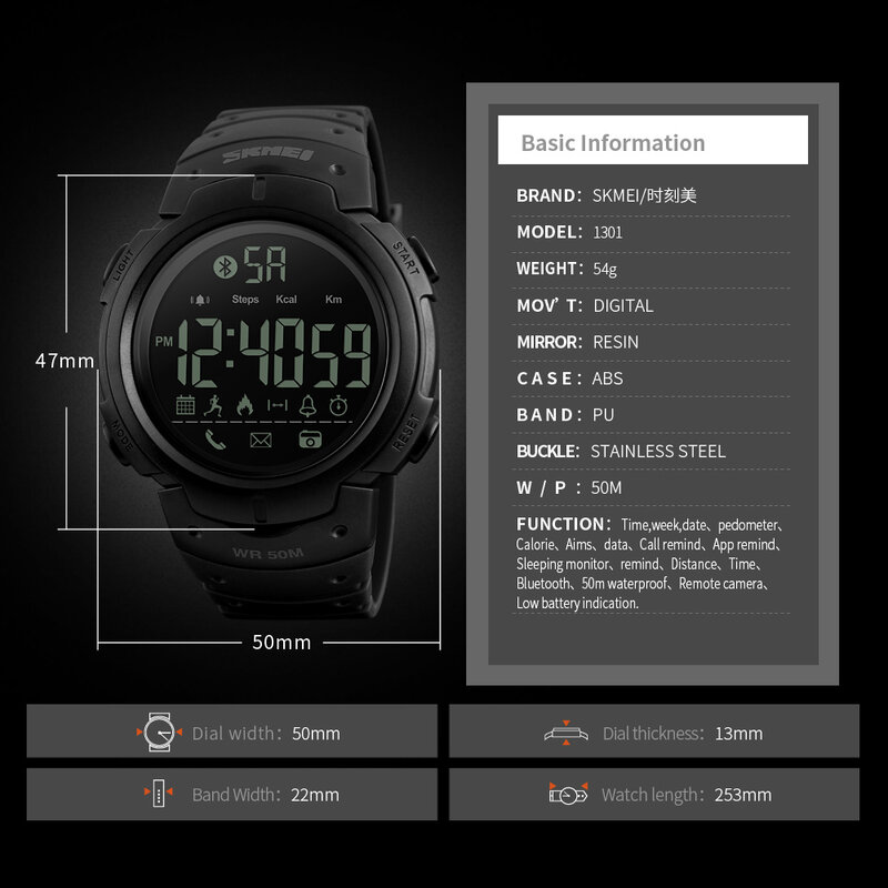 Skmei 브랜드 남자 패션 스마트 시계 보수계 칼로리 블루투스 원격 카메라 스포츠 smartwatch 알림 디지털 손목 시계