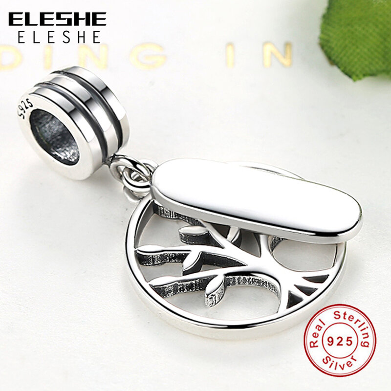 ELESHE 925 Sterling Silver Round Family Tree Dangle Charm Engrave Name Bead Fit Original Bracelet Making Fashion DIY Jewelry