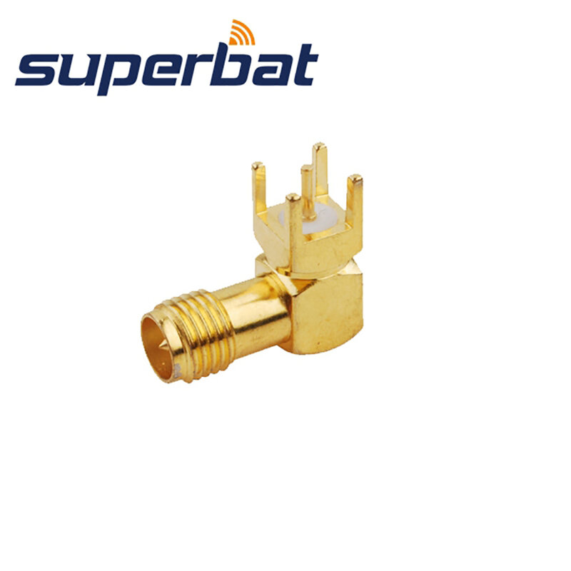 Superbat 10pcs RP-SMA thru hole Female(male pin) Right Angle PCB Mount with Solder Post Connector