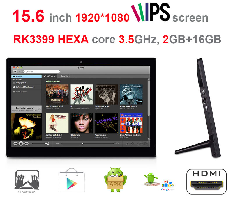Pc todo en uno HEXA core de 15,6 pulgadas, kiosco inteligente, pantalla pos (RK3399, 3,5 GHz, 2GB ddr2, 16GB NAND, Android 7,1 nougat, 2,4G + 5G wifi)