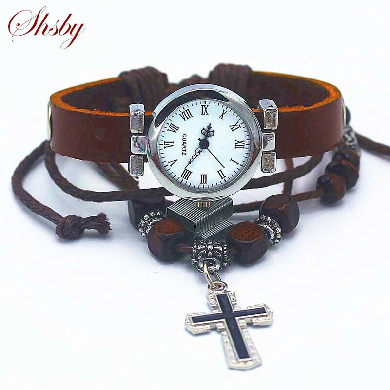 Shsby relógio de pulso unissex, pulseira de couro vintage, religioso, cruz, feminino formal, prata