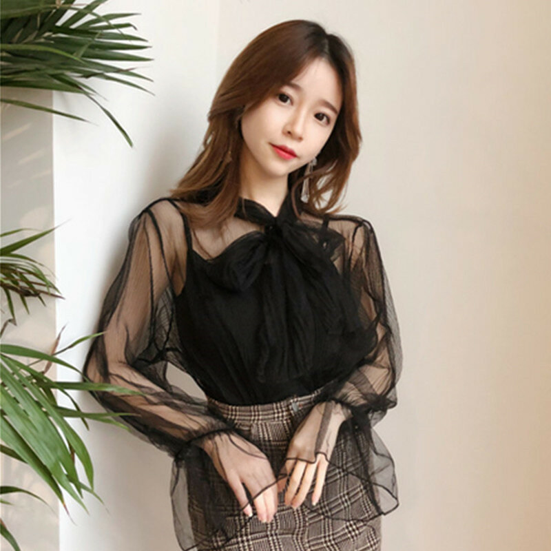 2018 Two Piece Women Mesh Blouse Solid Casual Tie Bow Lace Shirts Female Flare Sleeve Blouses Bottoming Shirt +Tank Tops AB800