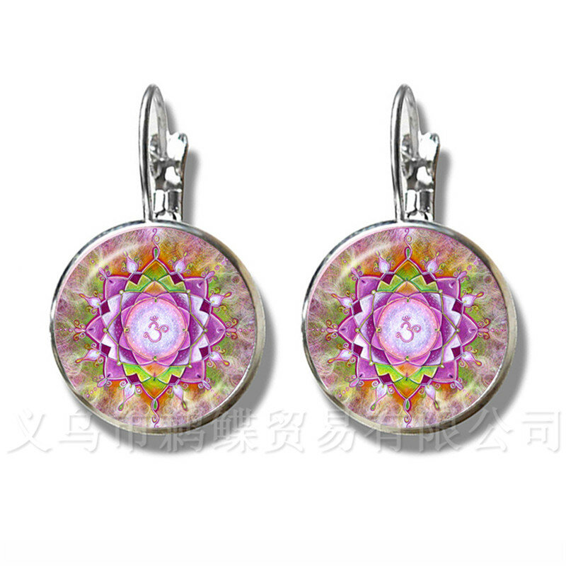 Enamel Mandala Lotus Earrings Henna Yoga Stud Earrings For Women Girls Charm Art Picture OM Symbol Buddhism Zen Jewelry