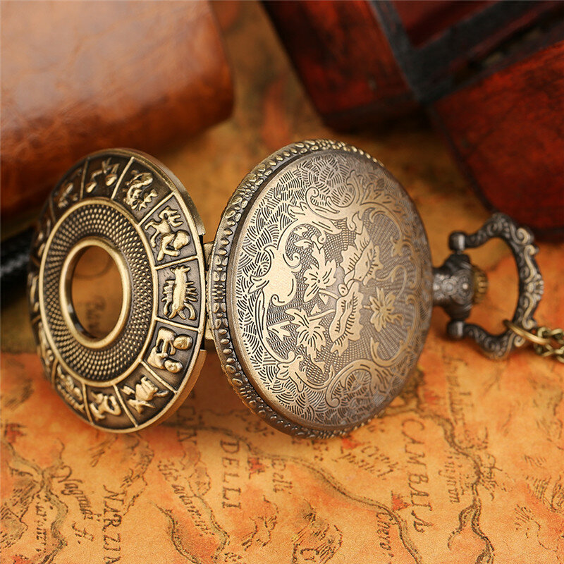 Retro bronze zodiac constellation caso oco colar de bolso relógio moderno austrália mapa pingente moda fob corrente jóias relógio