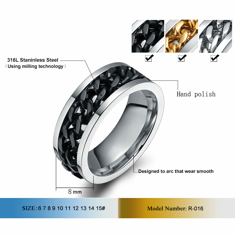 Vnox Spinner Black Chain Ring for Men Punk Titanium Steel Metal Finger Jewelry Male Alliance