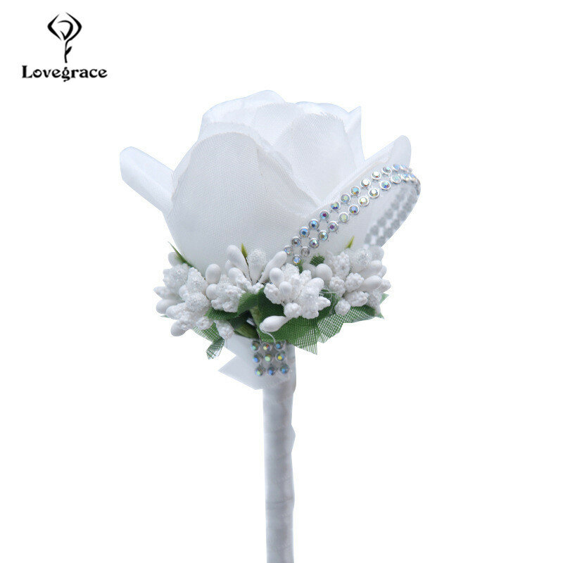 Broche de pulso, buquê de rosas artificial de seda, broche de pino azul, decoração de casamento, flores brancas e diamantes