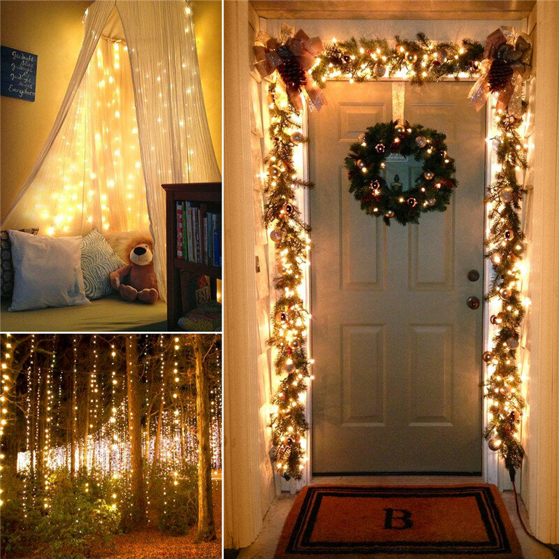 Guirnalda de luces LED con energía Solar, iluminación navideña con 2 modos, 20m, 200LED, alambre de cobre, para decoración de bodas y fiestas