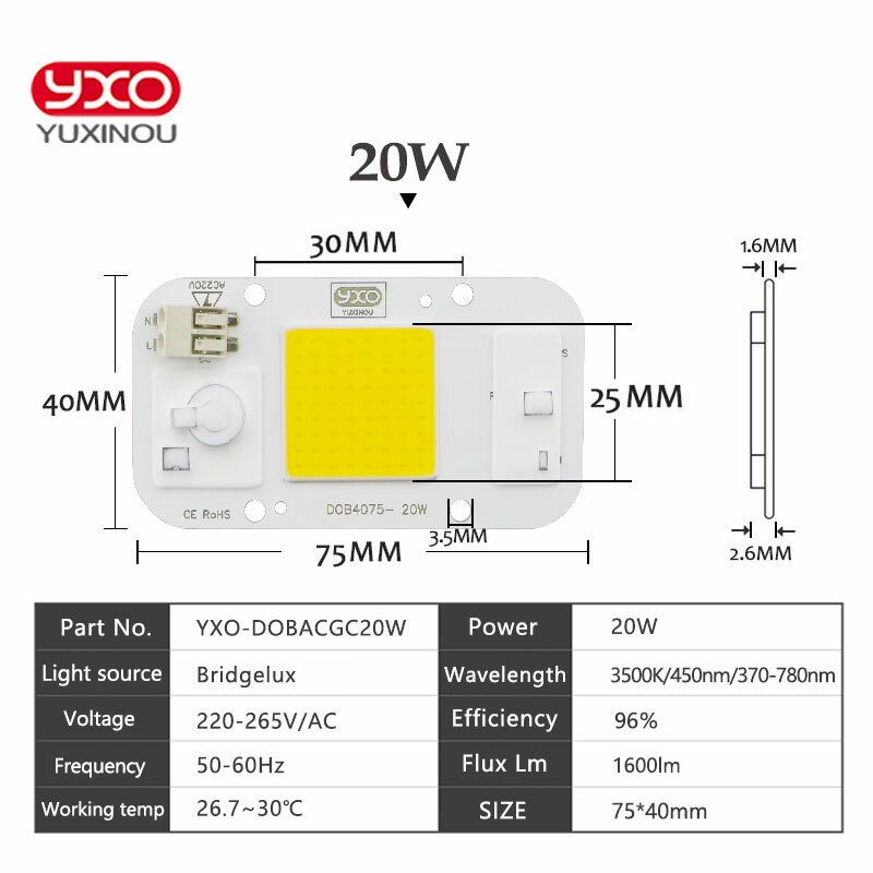 YXO YUXINOU DOB LED COB Chip 50W 40W 30W 20W 10W AC 220V No need driver Smart IC bulb lamp For DIY LED Floodlight Spotlight