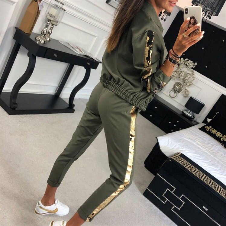 ZOGAA 2019 women sports suit casual sequins stitching jacket trousers sweat suits women two piece set top and pants tracksuit