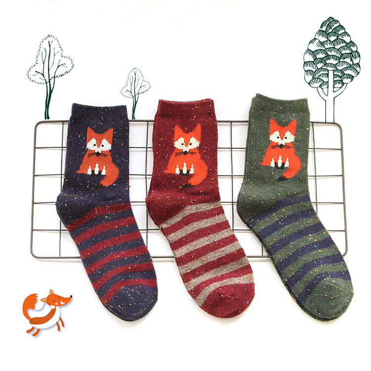 Meias de algodão de lã grossa coreana gola redonda feminina meias para outono inverno de harajuku animal raposa lobo listrado sox adorável de marca