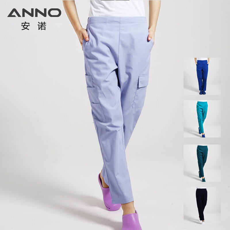 ANNO-زي ممرضة متعدد الوظائف ، بنطلون عمل قطني بجيوب إضافية ، للتمريض والأسنان والسبا