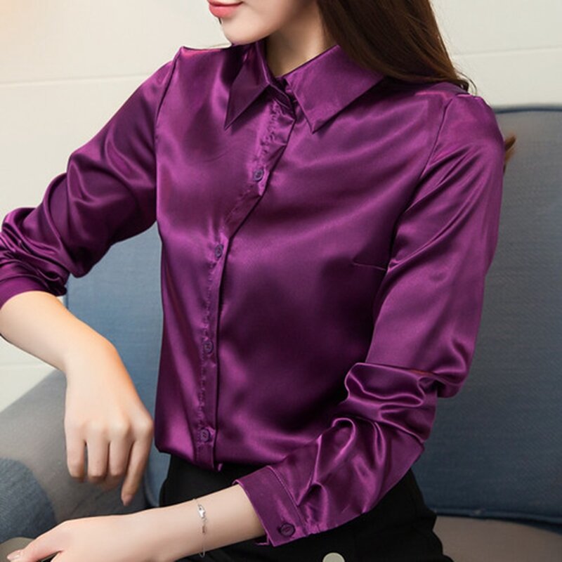 Stinlicher camisa de seda de cetim feminina manga longa elegante roupa de trabalho moda coreana camisa blusa azul roxo verde