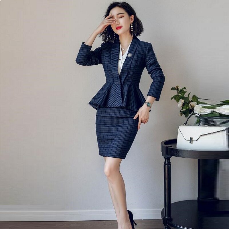 Plaid Vrouwen Suits Office Sets Ol Dames Office Uniform Ontwerpen Dragen Interview Suits Salon Slit Mini Rok Pak DD2082