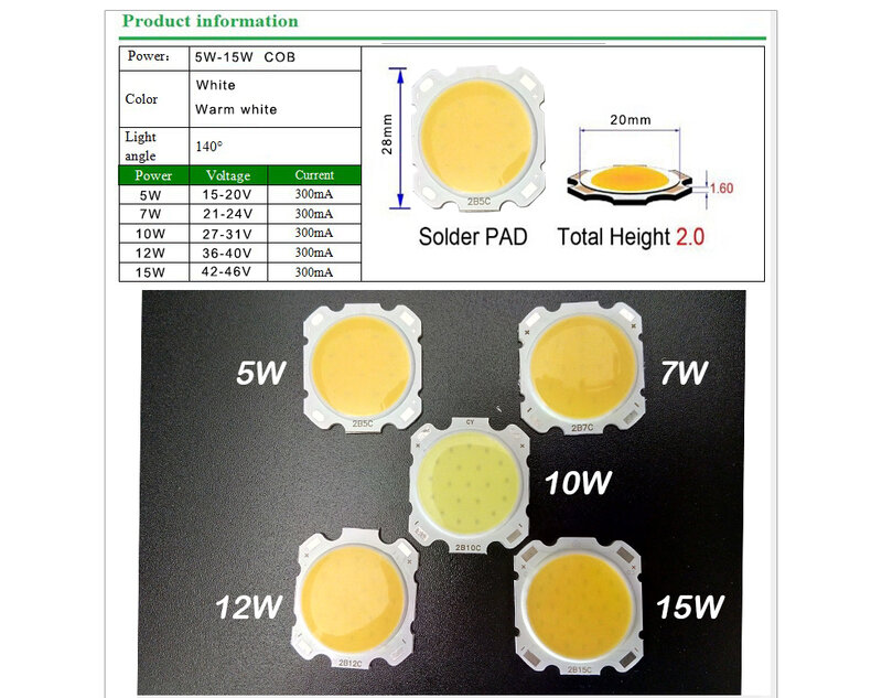 Epistar-reflector COB de alta potencia, 5W, 7W, 10W, 12W, 15W, CC, 15V-46V, SMD integrado, blanco cálido/blanco