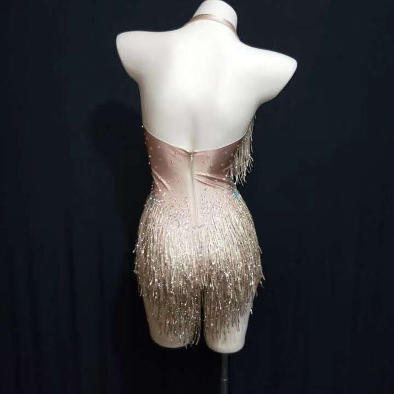 Bodysuit Spandeks Rumbai Berlian Imitasi Emas Berkedip Kostum Malam Pesta Ulang Tahun Wanita Pakaian Panggung Pakaian Pertunjukan Tari Klub Malam