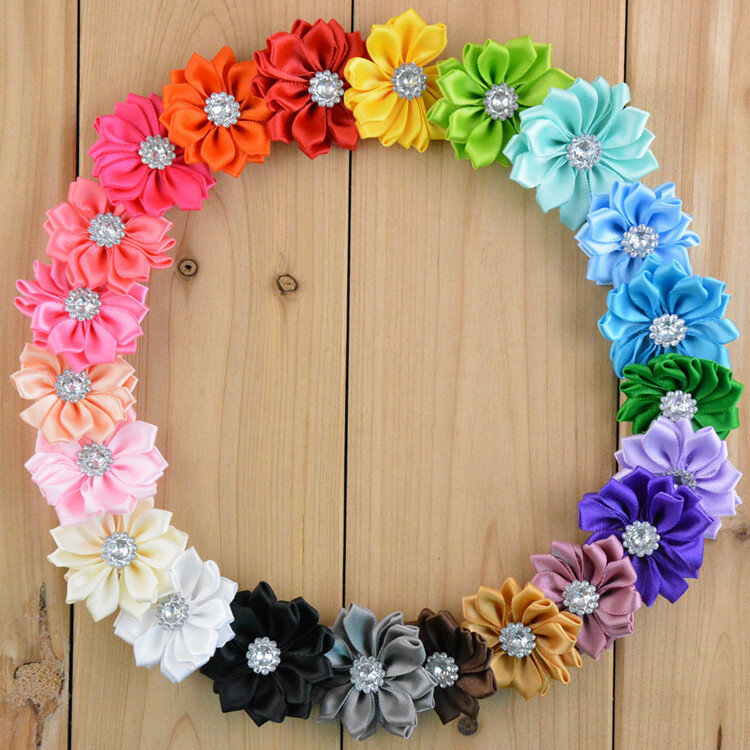 100 pcs/lot  22 colors DIY Ribbon handmade flowers with rhinestone center