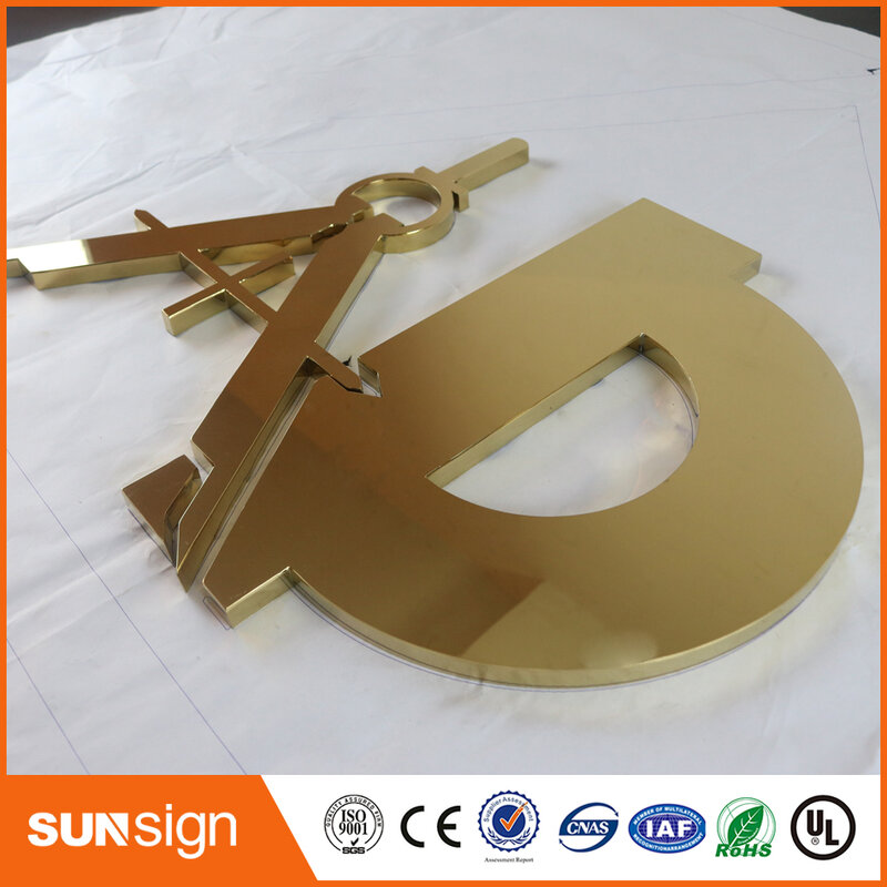 Indoormirror-señal de letras de canal de acero inoxidable, color dorado pulido