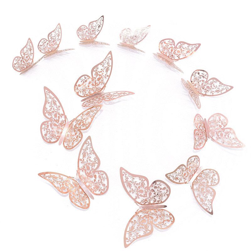 12 Pcs/Set 3D Stiker Dinding Berongga Butterfly Kertas 3 Ukuran Perak Emas Stiker Kulkas Stiker Rumah Pesta Pernikahan DIY Dekorasi