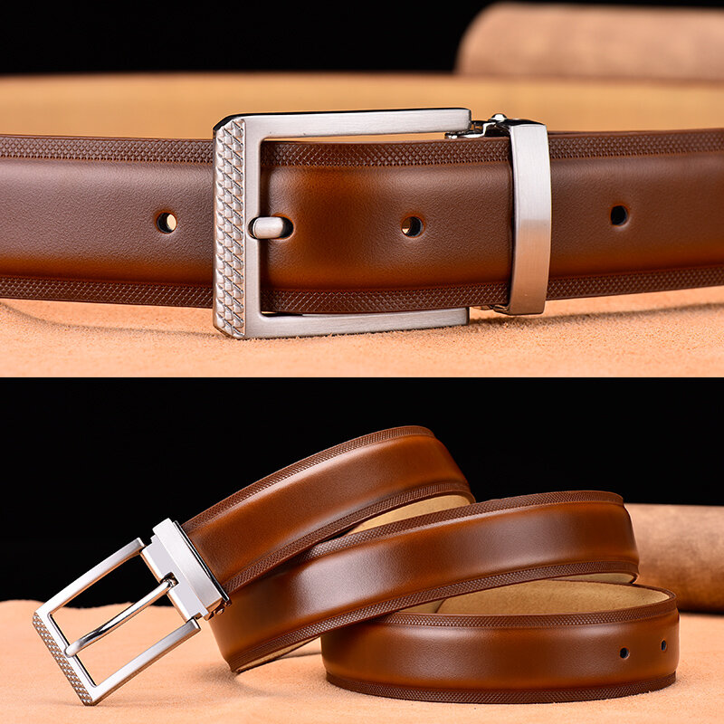Cinturón de cuero genuino para hombre, de alta calidad hebilla plateada, cinturones casuales de piel de vaca, cinturón de negocios, pretina de vaquero