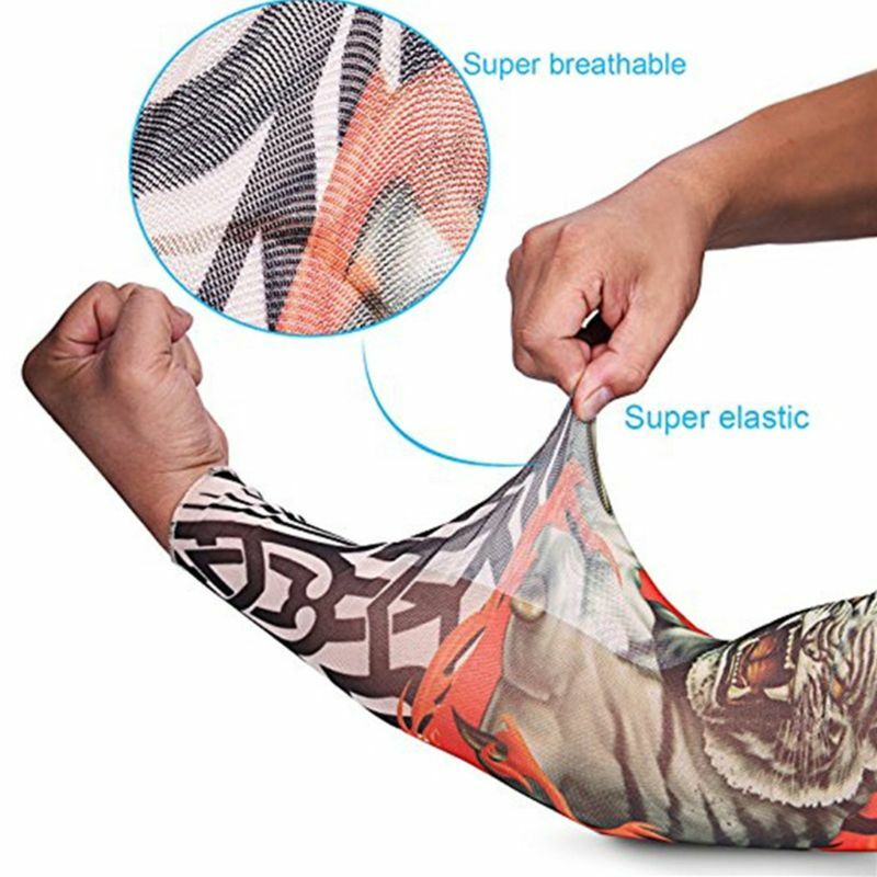 Mens Fake Tattoo Sleeves Cover Unisex Party Body Art Temporary Sunscreen Tiger Skull Clown Digital Printing Arm Warmer Protector