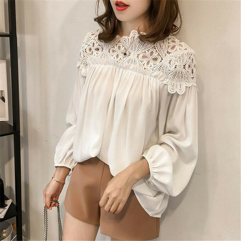 Women Chiffon Blouse Tops Spring Autumn Loose White Lace Blouses Female Long Sleeve Shirt Hollow Out OL Shirts Plus Size AB724