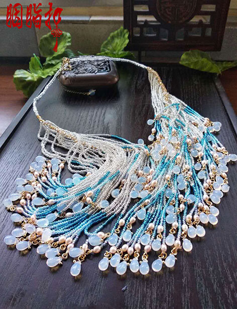 Xiao Xiao Colored Glaze Long Tassel Facial Mask Multi Use also Ancient Chinese Necklace Vintage Original Hanfu Cos Accessory