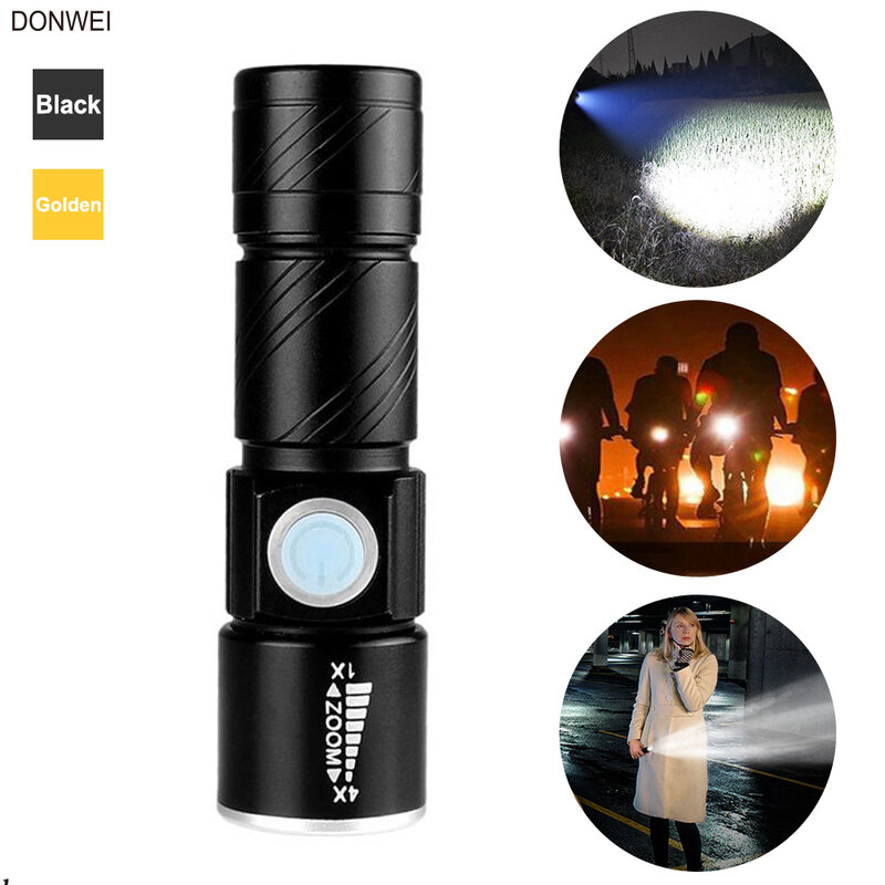DONWEI-Mini linterna LED portátil con cargador USB, linterna ajustable con zoom, resistente al agua, para viajes al aire libre, Camping y ciclismo