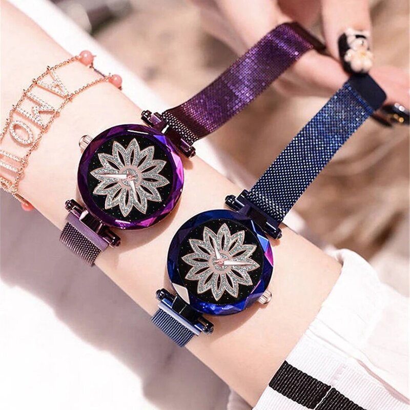 Moda kwiat Rhinestone zegarka kobiet Milanese gwiaździste niebo zegarek gwiazda na rękę pani magnetyczne ze stali nierdzewnej kwarcowy Relogio Feminino