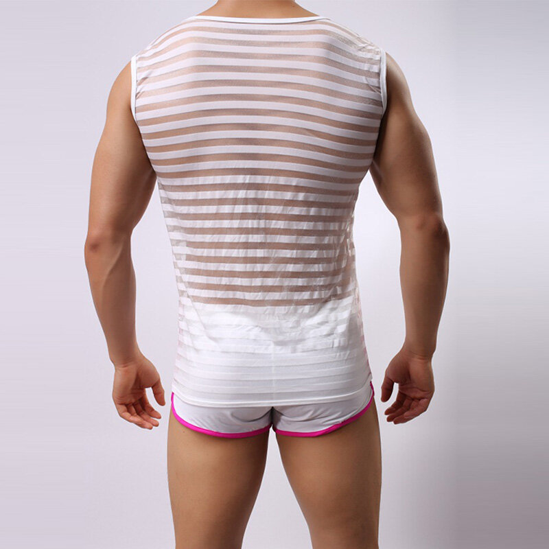 Camiseta interior Sexy transparente para hombre, ropa interior Gay, camisetas de malla transparente a rayas, camisetas sin mangas