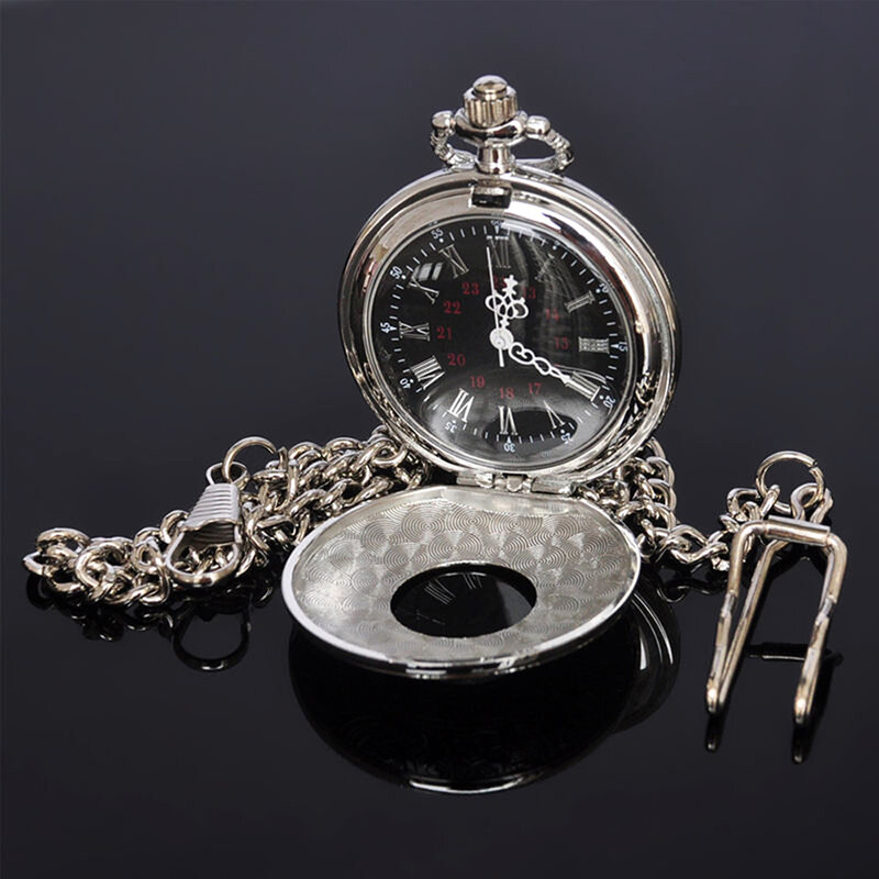 Reloj de bolsillo de cuarzo con esfera negra, reloj Vintage de plata con caja redonda hueca, números romanos