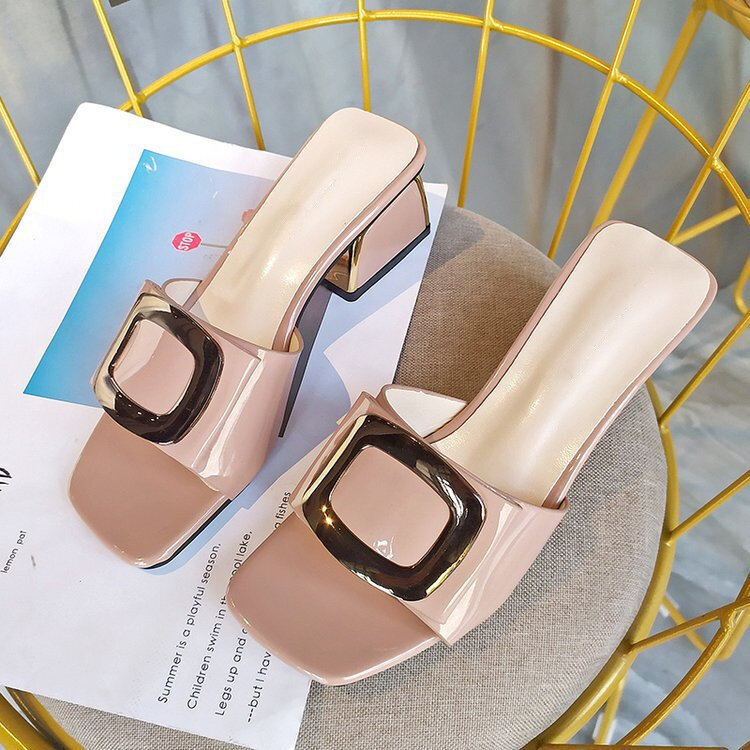 Ho Heave 2019 Newest Popular Women Slippers Pure Color Square Head Coarse Heel Women's Wedges Non-slip Comfortable Sandals