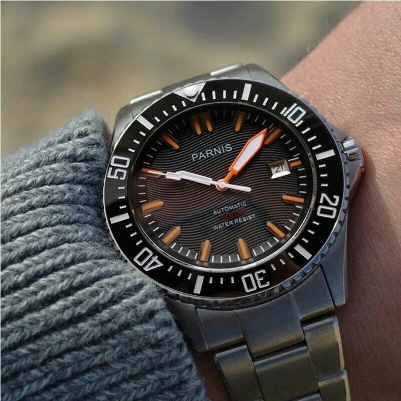 Parnis-Relógio de mergulho automático masculino, relógios mecânicos em aço inoxidável, Sapphire Glass, caixa de luxo, 200m, 44mm, impermeável