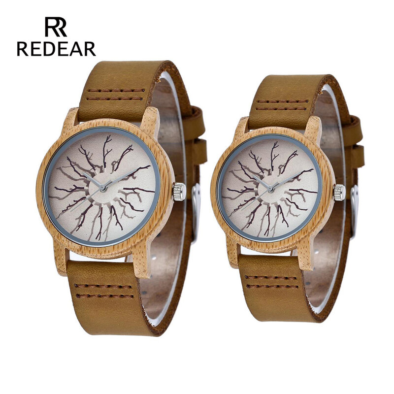 REDEAR Bamboo Love's Watches for Men Genuine Cowhide Leather Watch Minimalist Pointers Quartz Male Watch Men Clock