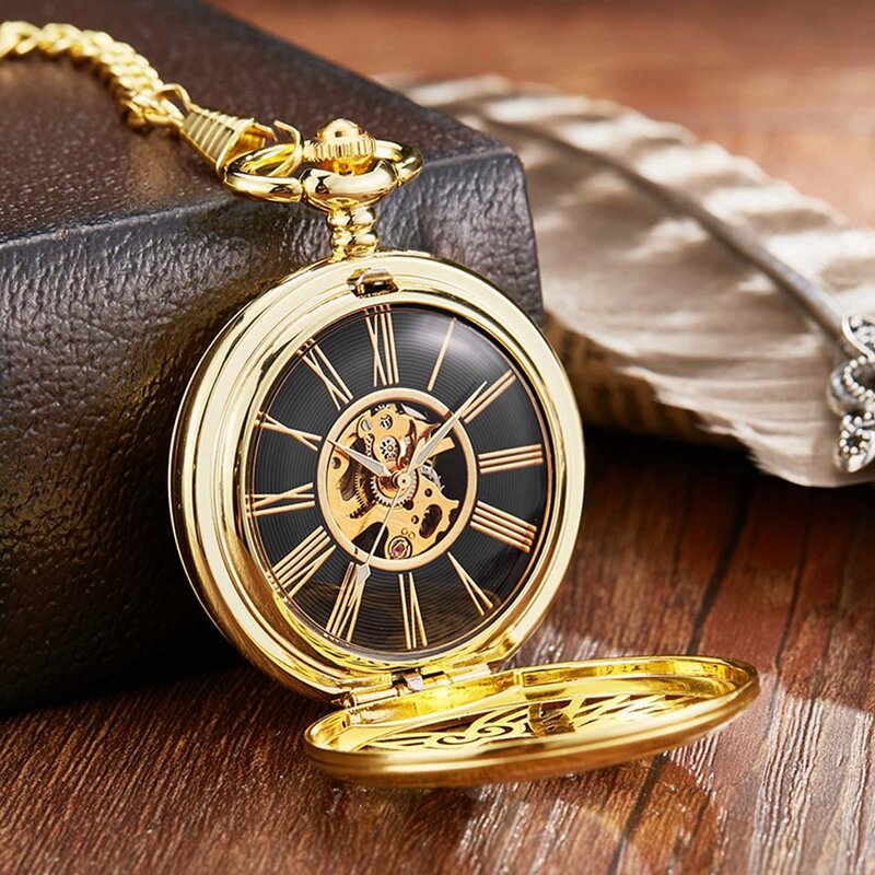 Reloj de bolsillo mecánico con diseño de alas doradas para hombre y mujer, pulsera de mano con cadena Fob, diseño único, esqueleto de doble cara, de lujo