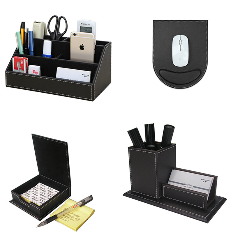 Luxury 4 Pcs Desk Organizer Set PU Leather Office Decor cancelleria portamatite Sticker Memo Box Pen Stand Mouse Pad T41H