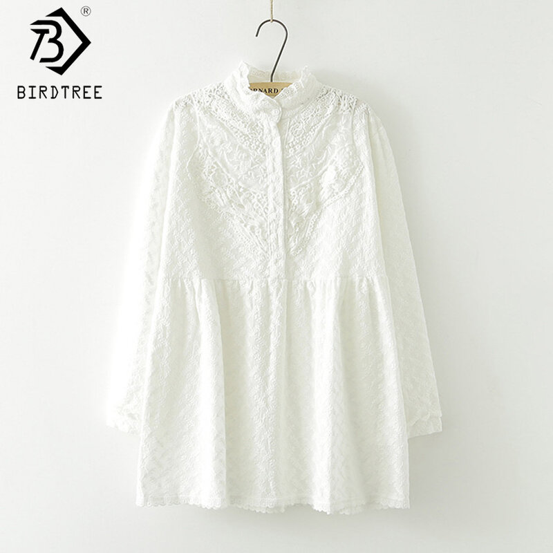 Camisa blanca de encaje con bordado de flores para mujer, blusa larga holgada de algodón con cuello alto, novedad de otoño, T77911