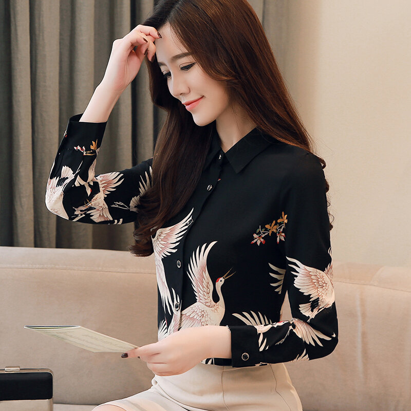 , Wiosna, jesień, elegancki, żuraw drukuj szyfonowa koszula 2019 new arrival japonia styl vintage czarny z długim rękawem kwiatowy print bluzka